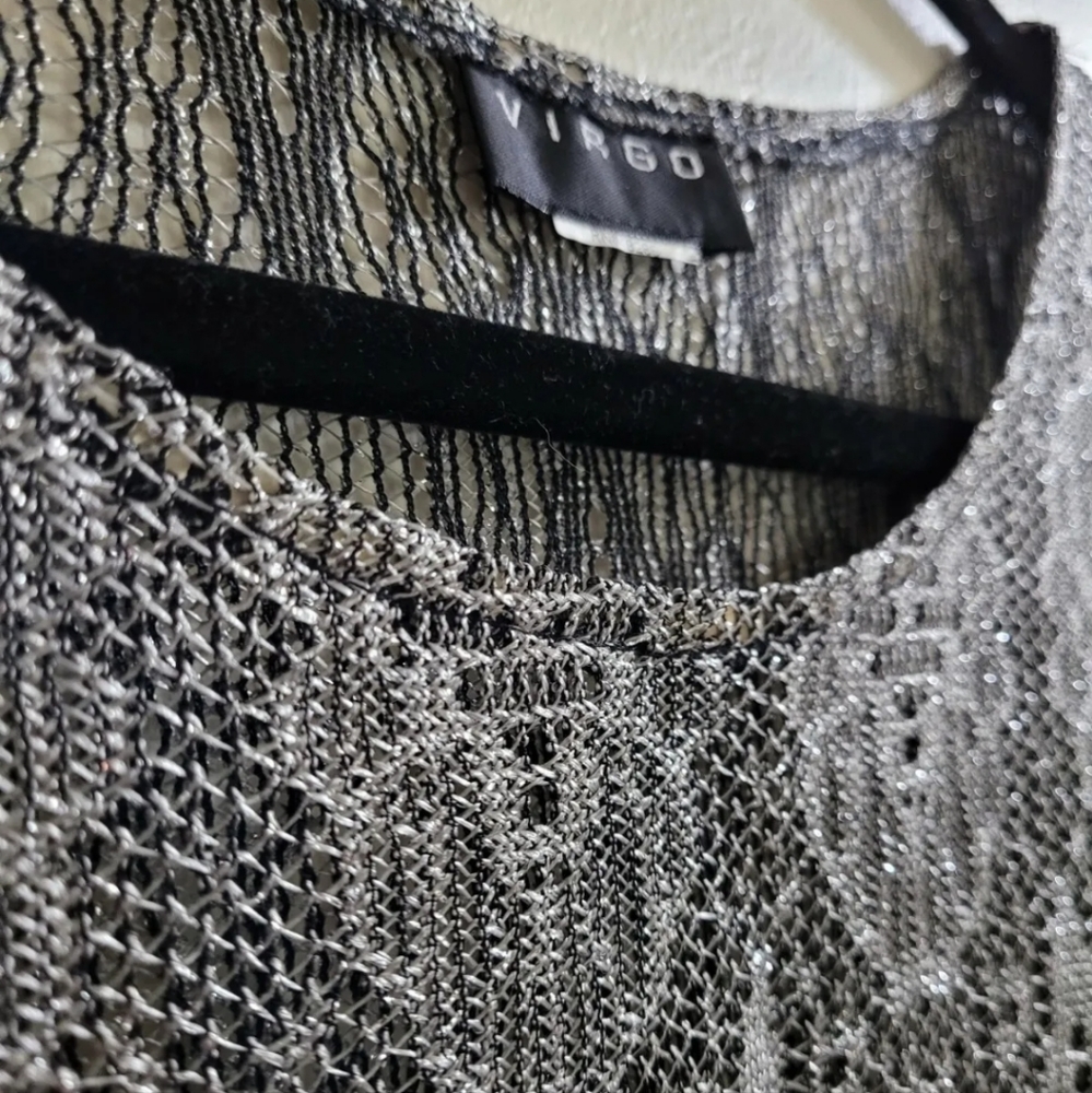 Vintage Virgo Brand Silver Knit Crochet Style Fringe Crop Top Blouse - Picture 6 of 8